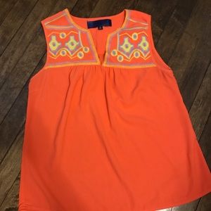 Coral Aztec Embroidered Sleeveless Top